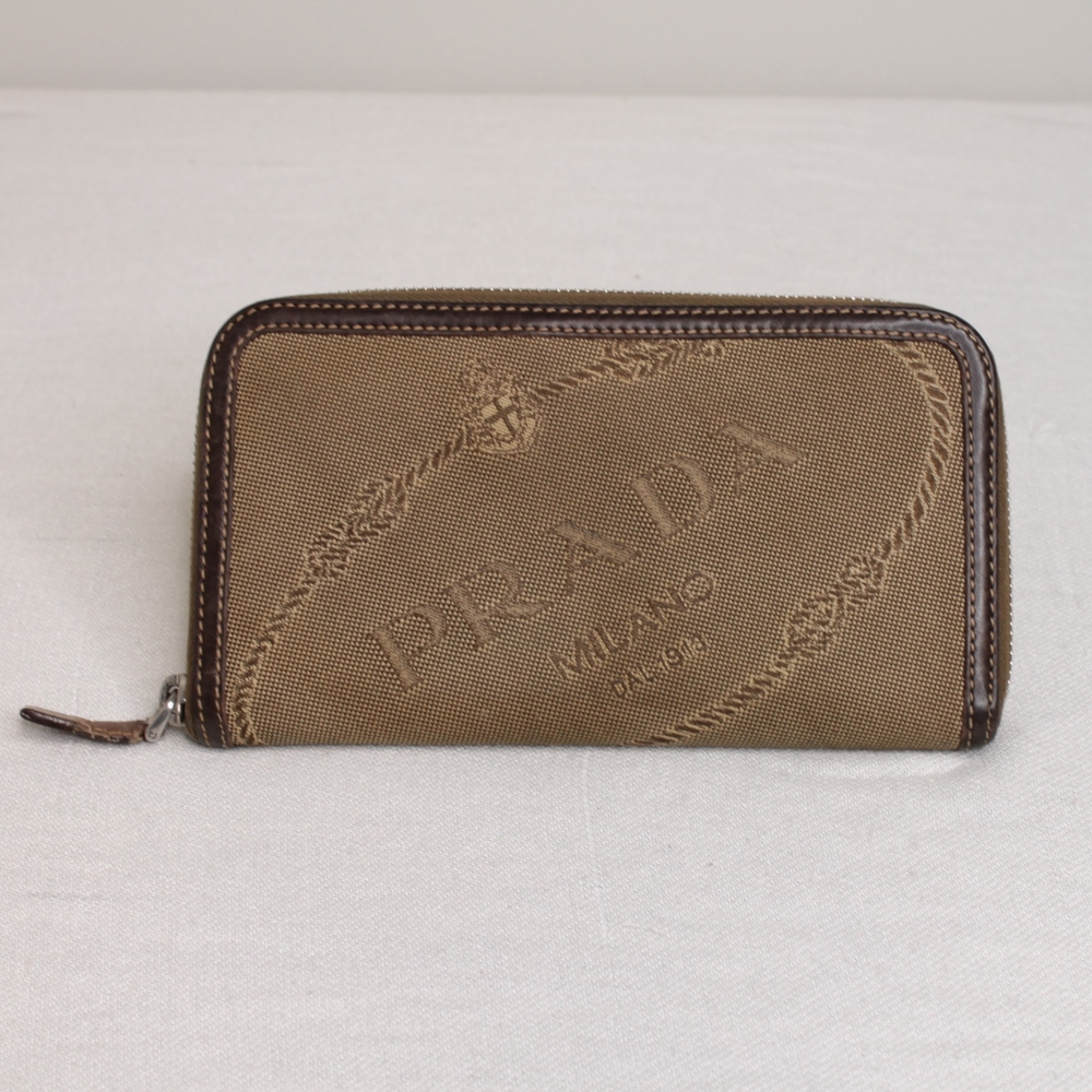 Prada Jacquard Tan Zip Around Wallet